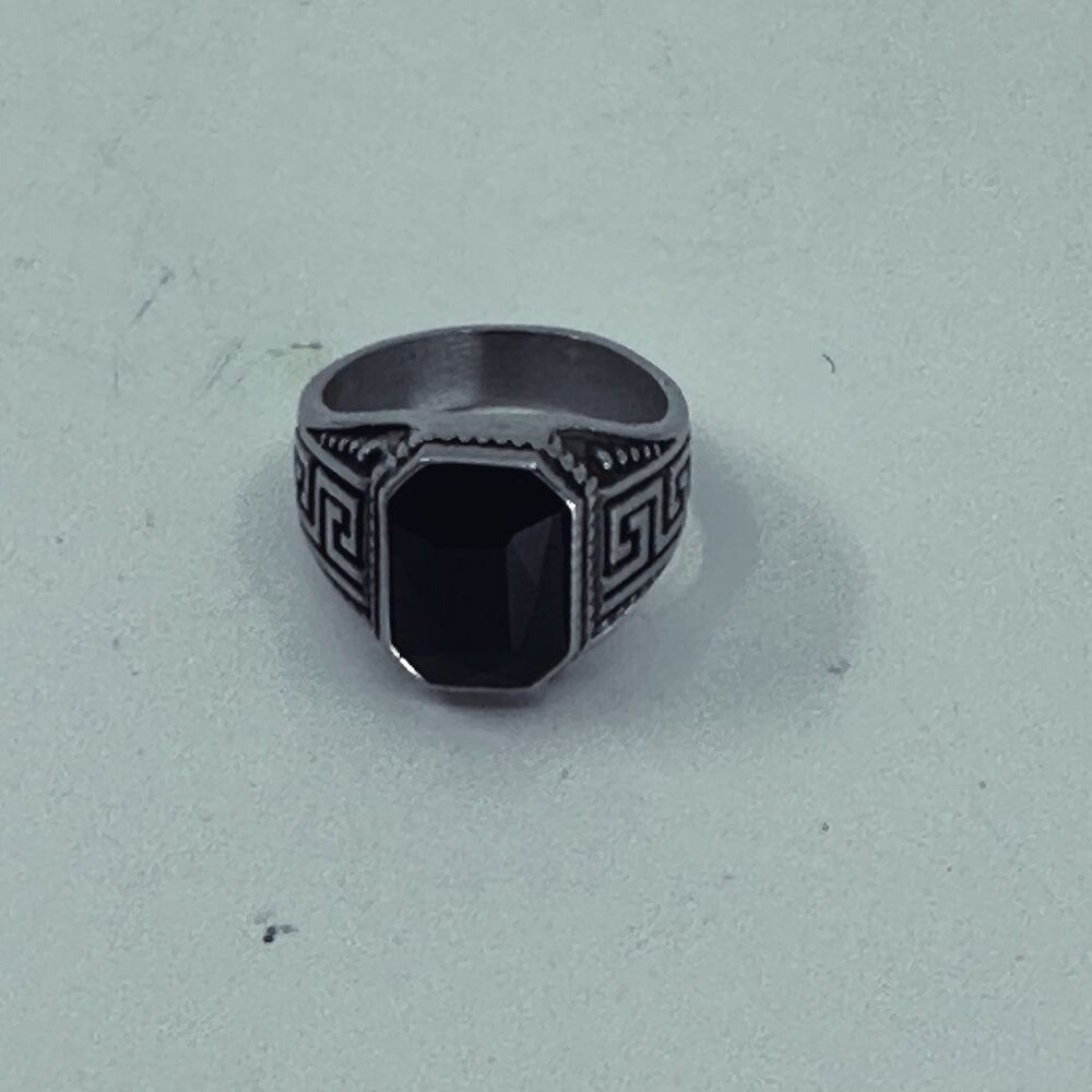 Men's Stainless Steel Signet Ring Black Stone Greek Key Size ~11